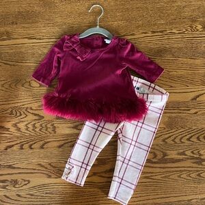 Janie & Jack Bow Tunic with Fur Trim and Plaid Pant Outfit
